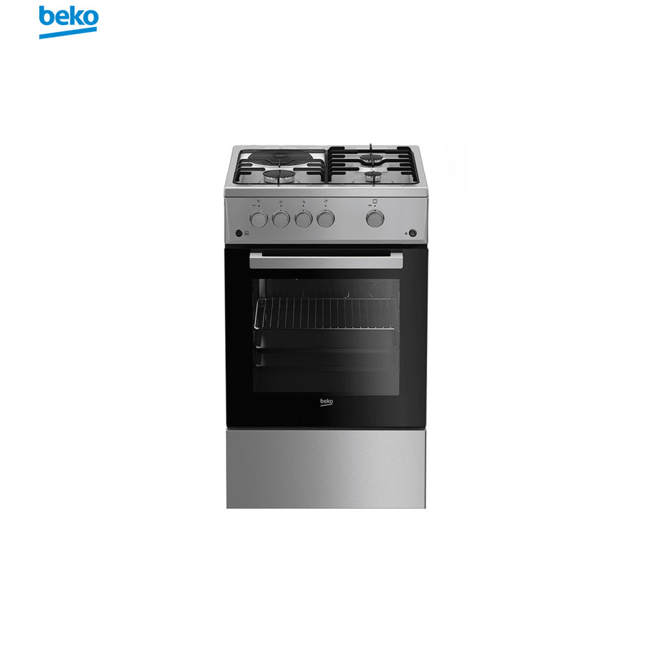 Beko Free Standing Cooker 50cm 3 Gas Burners+1 Elec.Hot Plate, 55L Gas Oven& Elec.Grill -FSGT53110GX