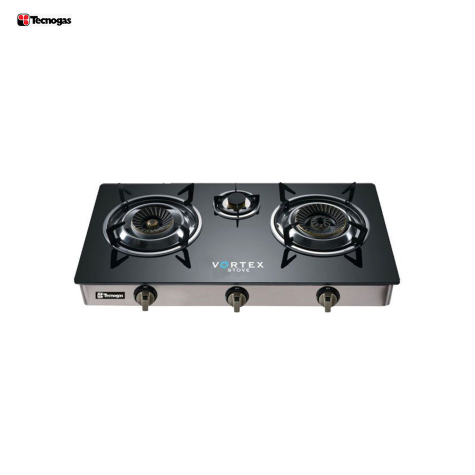 Technogas 3 Gas Burner Stove Tempered Glass, Blue Flame - GS-301BCG