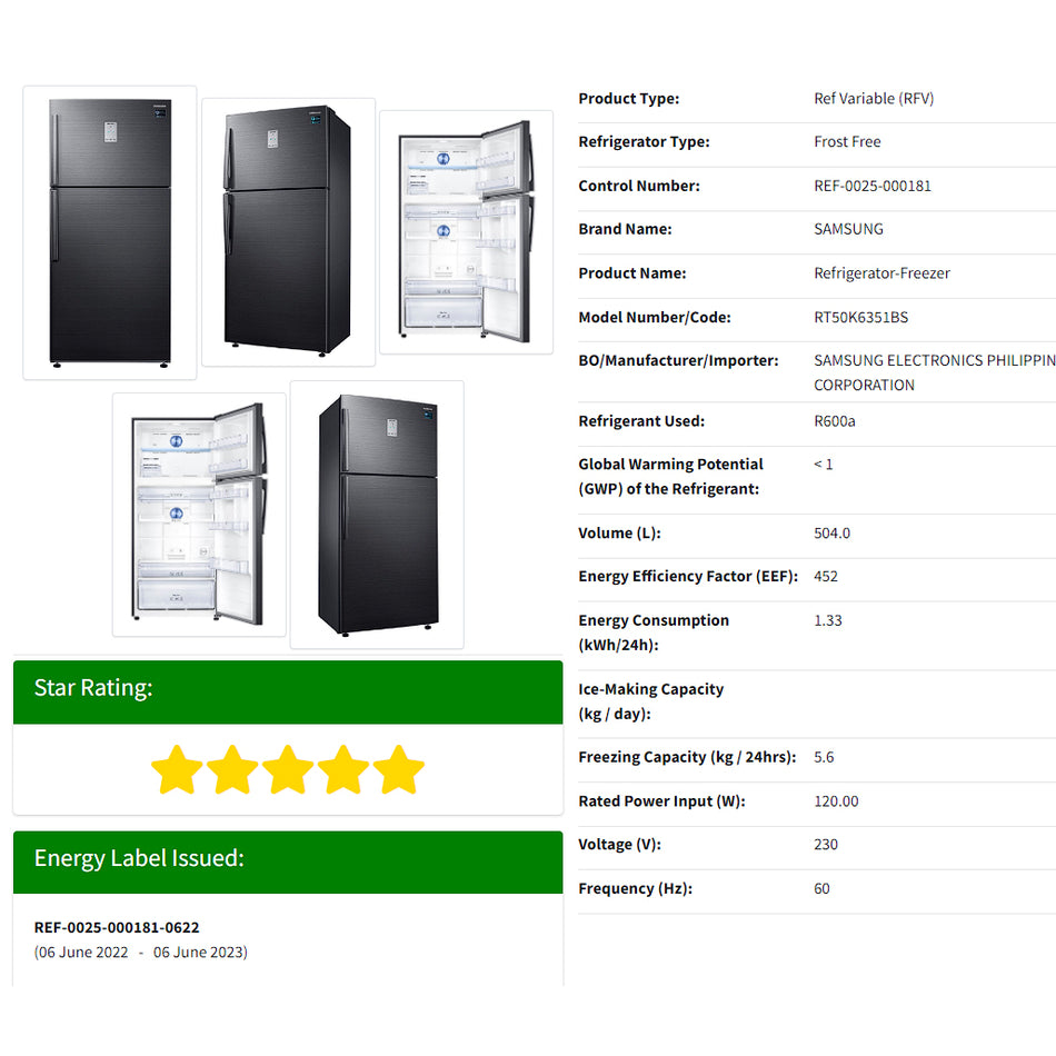 Samsung Refrigerator Double Door 17.8 Cuft.Ttwin Cooling Top Mount No Frost  - RT-50K6351BS/TC
